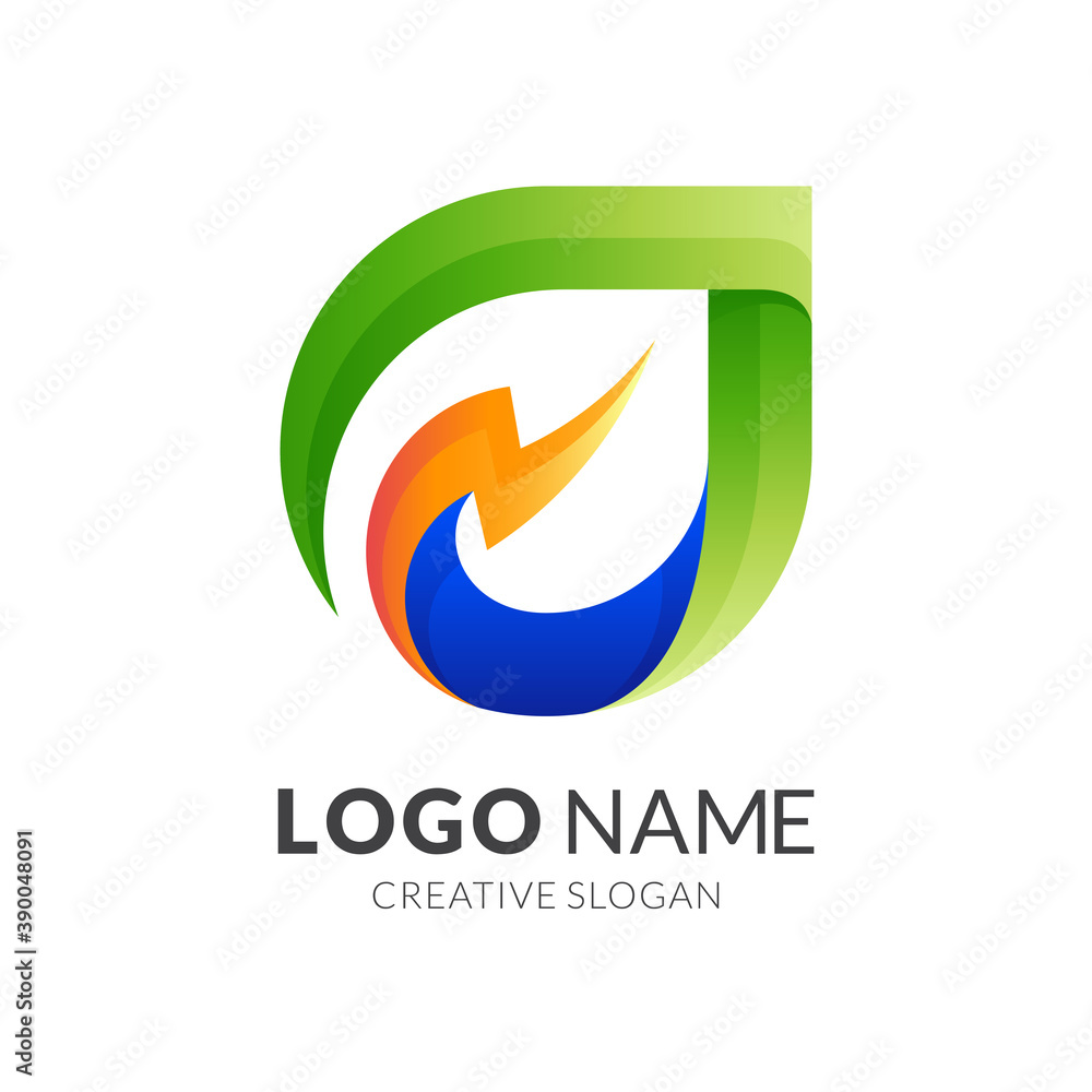 bio electric logo. leaf and thunder, combination logo with 3d colorful style bio electric logo. leaf and thunder, combination logo with 3d colorful style