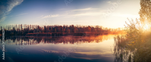 Lake Landscape of Central Europe by Morning Autumn Sun