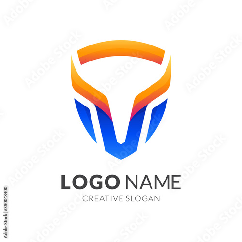 bull shield logo, bull and shield, combination logo with 3d blue and orange color style