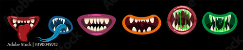 Set Monsters mouths creepy and scary. Funny jaws teeths tongue creatures expression monster horror saliva slime