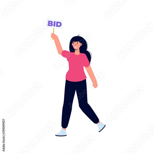 Character  holding auction paddle with bid text. Vector illustration.