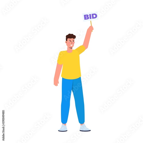 Character  holding auction paddle with bid text. Vector illustration.