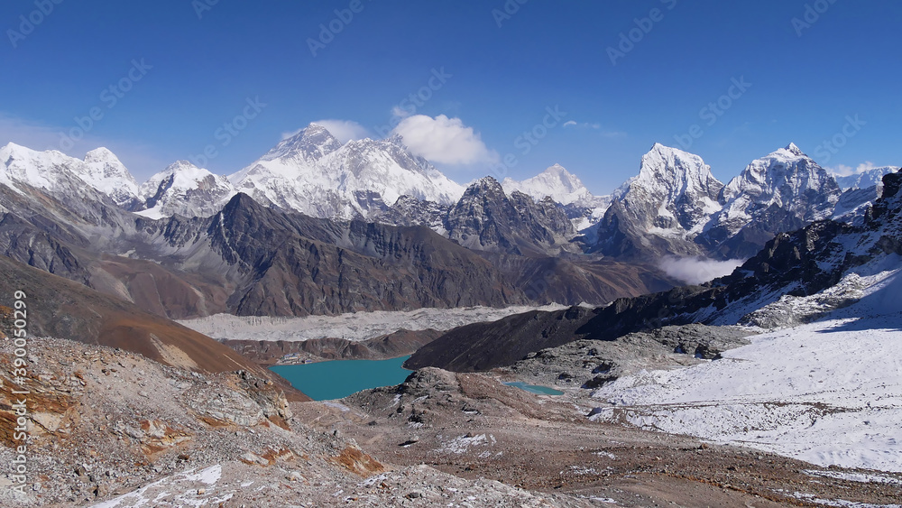 Spectacular mountain panorama with some of the highest mountains on earth (Mount Everest 8,848 m, Lhotse 8,516 m, Makalu 8,481 m) viewed from popular Renjo La pass in the Himalayas, Nepal.