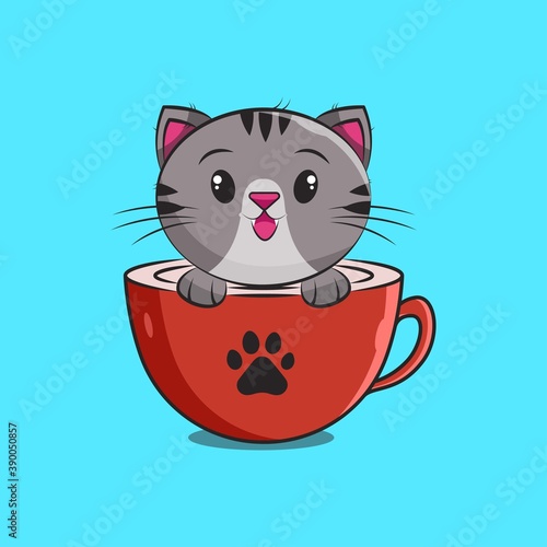 cute cat in glass, cartoon illustration