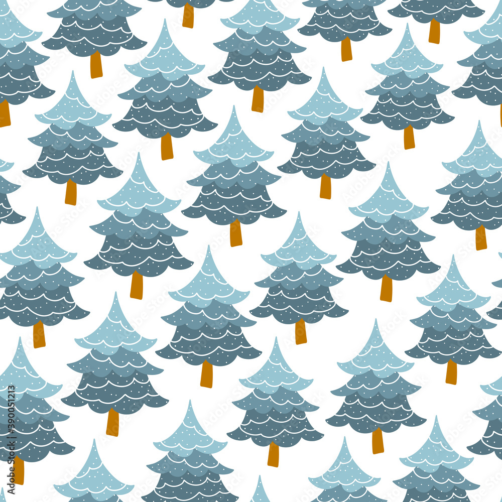 Obraz premium Christmas tree seamless pattern. Vector illustration in a childish hand-drawn Scandinavian style. Fir-tree forest. The pastel palette is ideal for printing packaging, fabrics, textiles.