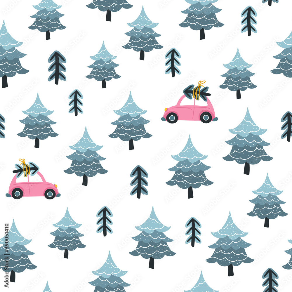 Christmas tree and toy car at night. Seamless pattern. Vector illustration in a childish hand-drawn Scandinavian style. Fir-tree forest. The pastel palette is ideal for printing packaging, fabrics.
