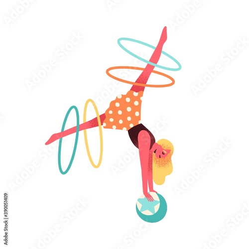 Circus gymnast balancing on ball with hula hoop on legs. Professional graceful circus performer. Flat vector cartoon textured illustration isolated on white background