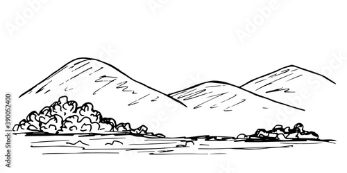 Simple hand-drawn vector drawing in black outline. Mountain landscape, river bank, bushes, trees. Wildlife, nature, travel and relaxation.