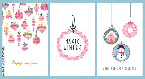 Set of Christmas cards. Balls, tree decorations, lettering snowman. Cute vector character illustration in hand-drawn scandinavian style. The limited pastel palette is ideal for any print
