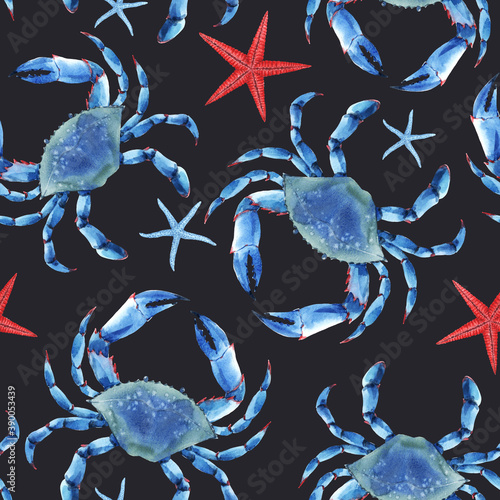 Beautiful seamless underwater pattern with watercolor blue crabs and starfish. Stock illustration. photo