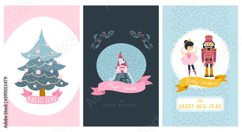 Set of Christmas cards. Fairy tale characters, Christmas tree, lettering castle. Cute vector character illustration in hand-drawn scandinavian style. The limited pastel palette is ideal for any print