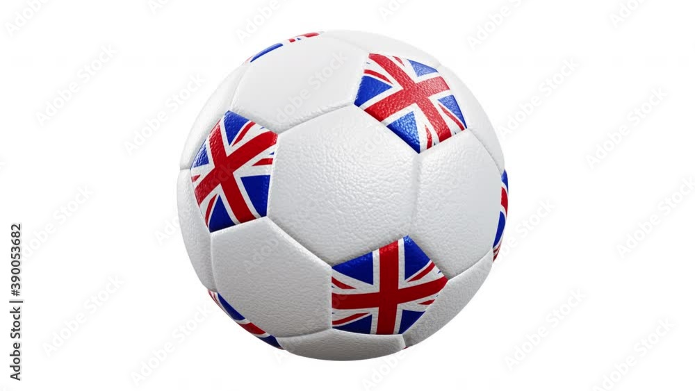 Realistic 360-degree seamless looping roll of the United Kingdom of Great Britain and Northern Ireland textured soccer ball rendered in UHD, alpha matte is included Realistic 360-degree seamless looping roll of the United Kingdom of Great Britain and Northern Ireland textured soccer ball rendered in UHD, alpha matte is included