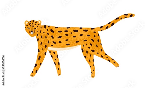 Childish textured portrait of walking leopard in scandinavian simple style. C...