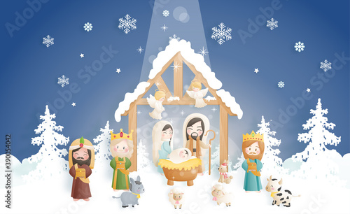 A Christmas nativity scene cartoon, with baby Jesus, Mary and Joseph in the manger with donkey