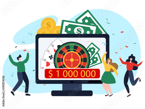 Online poker, internet gambling, online casino rooms concept.
Poker player happy winner casino flat vector character. Income from gambling, taxation of income from gambling, legal betting concept.