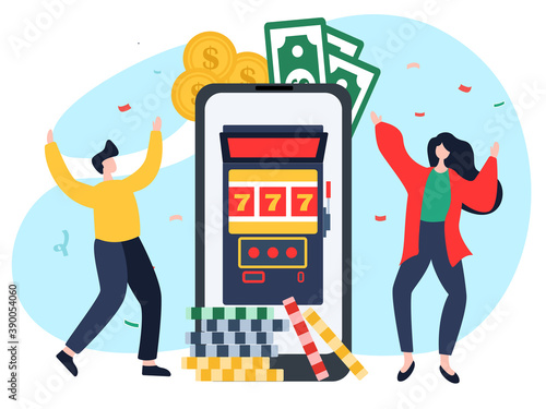concept people rejoice at winning in a casino. flat vector illustration. A man and a woman are playing a game of chance, 777 slot machine and roulette.