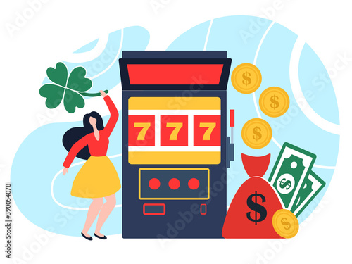 concept people rejoice at winning in a casino. flat vector illustration. A man and a woman are playing a game of chance, 777 slot machine and roulette.