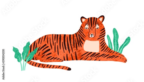 Childish portrait of relaxed tiger in scandinavian simple style. Cute tigress lying in jungle nature. Lazy wild animal resting outdoors. Flat vector cartoon illustration isolated on white background