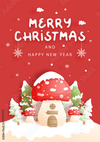 Christmas card with mushrooms house