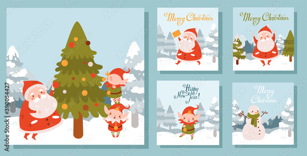 Set of vector Christmas square illustrations with Santa and elves. Winter landscape. Christmas tree, winter snow landscape. Collection of merry christmas cards, prints. Blue background. 