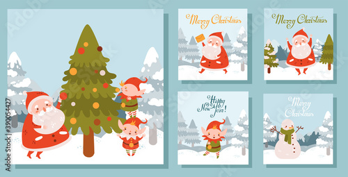 Set of vector Christmas square illustrations with Santa and elves. Winter landscape. Christmas tree  winter snow landscape. Collection of merry christmas cards  prints. Blue background. 