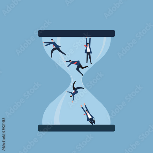 Conceptual illustration of business executives inside a hourglass falling down