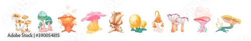 Foto Collection of toxic fantasy bright mushrooms of different shapes