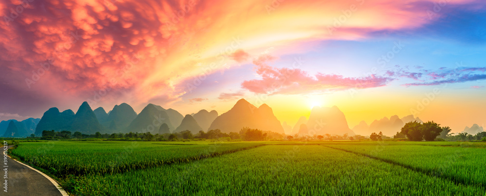 Green rice field and mountain natural scenery in Guilin,China.