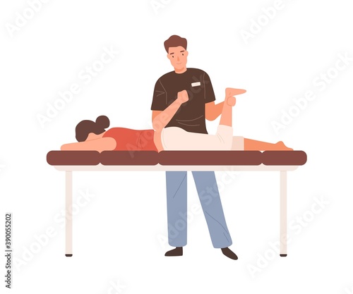 Young male massagist or osteopath doing manual massage. Professional physiotherapist or chiropractor working. Flat vector cartoon illustration isolated on white background