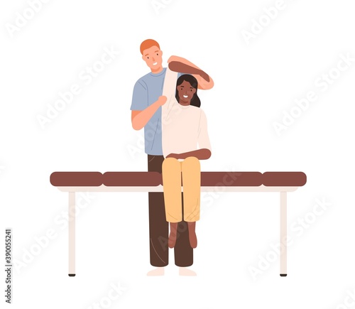 Professional male osteopath making massage to woman sitting on couch. Rehabilitation therapy or manual therapy. Chiropractor working. Flat vector cartoon illustration isolated on white background