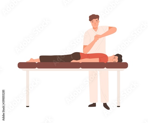 Young doctor, chiropractor or osteopath massaging patient on couch. Professional physiotherapist making elbow massage. Flat vector cartoon illustration isolated on white background
