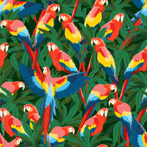 Seamless pattern with large red-blue macaw parrots. Parrots sitting in tropical leaves and flying. Wildlife of the jungle and tropical forests of the Amazon. Realistic trendy vector