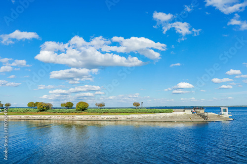 Landscape island with trees on the Kyiv sea in autumn