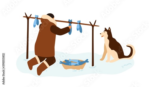 Eskimo fisherman hanging dried fish. Traditional food preparation of esquimau people in snowy alaska. Flat vector cartoon illustration isolated on white background