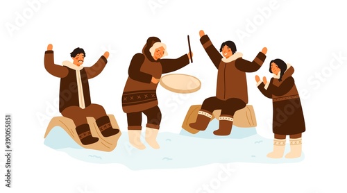 Eskimo people clapping hands, dance and play national ethnic tambourine. Inuit family having fun. Traditional northern recreation. Flat vector cartoon illustration isolated on white background