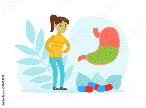 Little Girl Feeling Stomachache Suffering from Intoxication with Floral Leaf Backdrop Vector Illustration