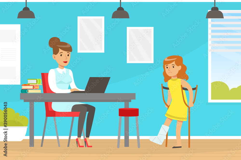 Little Girl with Bandaged Leg and Crutches Having Appointment by Woman Doctor Vector Illustration