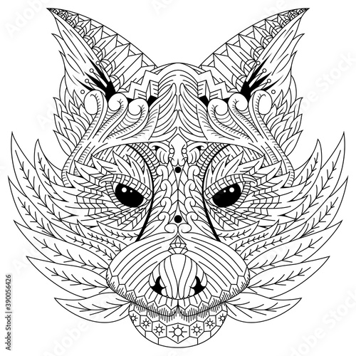 Hand drawn of raccoon head in zentangle style