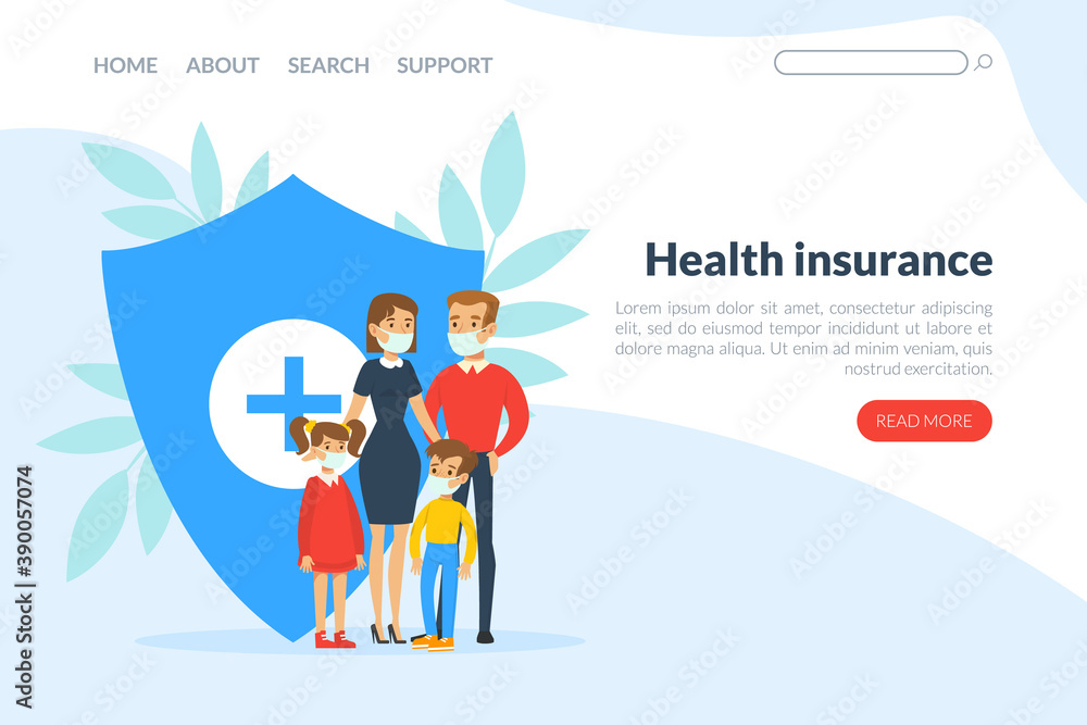 Family with Parents and Kids in Medical Face Mask with Clinic Shield Behind as Health Protection Vector Landing Page Template Family with Parents and Kids in Medical Face Mask with Clinic Shield Behind as Health Protection Vector Landing Page Template