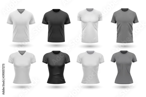 Realistic male shirt mockups set. Collection of realism style drawn tshirt templates front design isolated in raw. Illustration of black gray version of jersey for men women on white background.