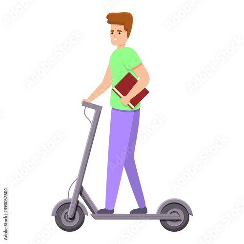 Boy with book electric scooter icon. Cartoon of boy with book electric scooter vector icon for web design isolated on white background