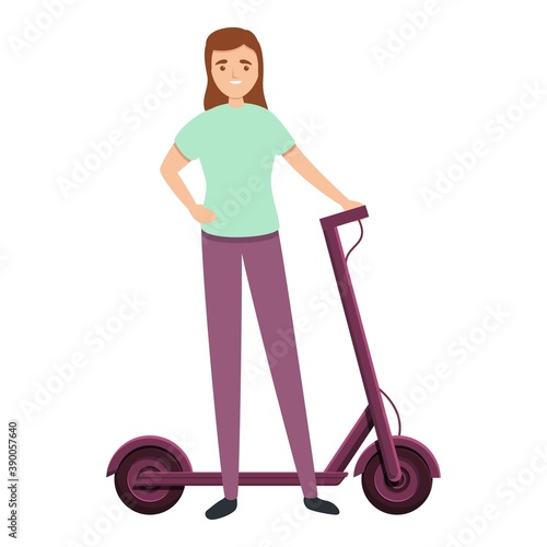Student girl ride electric scooter icon. Cartoon of student girl ride electric scooter vector icon for web design isolated on white background