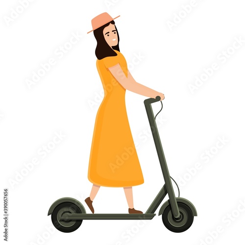 Girl with hat electric scooter icon. Cartoon of girl with hat electric scooter vector icon for web design isolated on white background