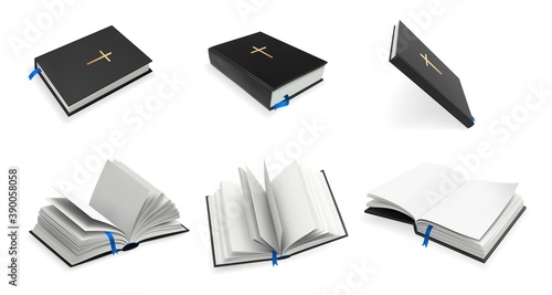 Realistic christianity Holy Bible set. Collection of realism style drawn antique book with description jesus christ son of god life. Illustration religious textbooks with bookmarks on white background