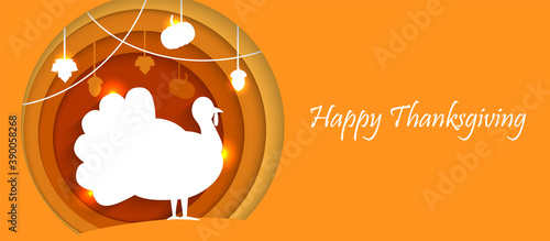 Happy Thanksgiving greeting card illustration. 3D papercut turkey bird symbol with holiday decoration. Cute paper craft design for Give Thanks  event.
