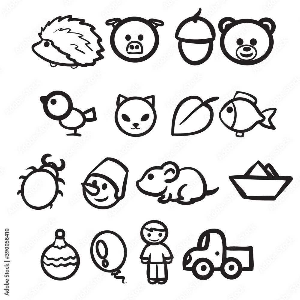 toy icons sketch, coloring book, cartoon illustration, isolated object on white background, vector,