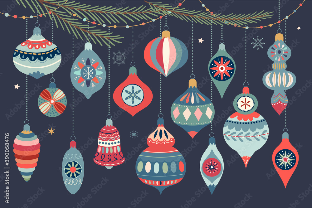 Christmas ornaments collection with decorative Christmas balls, winter design - obrazy, fototapety, plakaty 