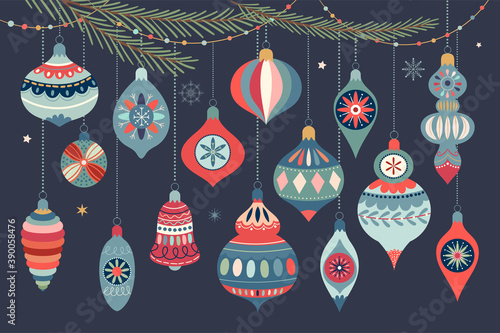 Christmas ornaments collection with decorative Christmas balls, winter design