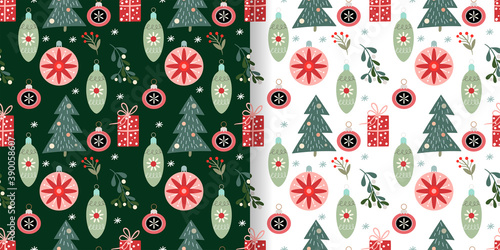 Christmas seamless patterns set with winter design, Christmas trees, ornaments and gifts, vector design