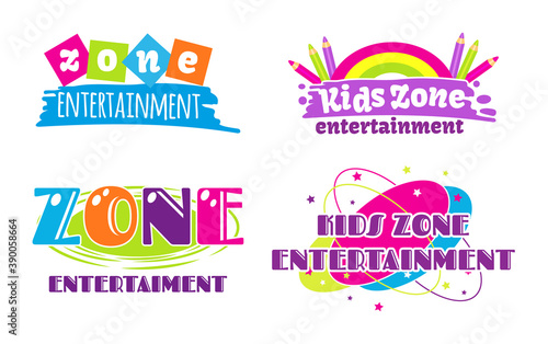Kids zone entertainment set childish banner label sticker badge